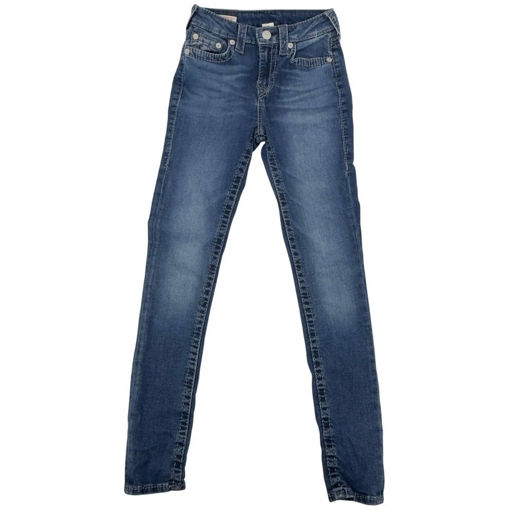 True Religion Jeans Halle High Rise Super Skinny  Big T Blue 25 Stretch Denim